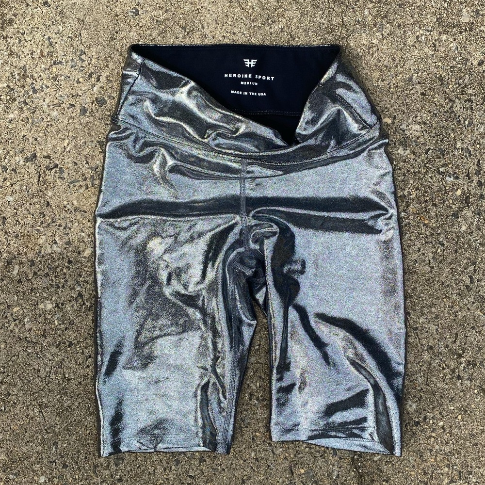 Gorgeous Heroine Sport Marvel Metallic Shimmering Platinum Silver Biker Shorts M